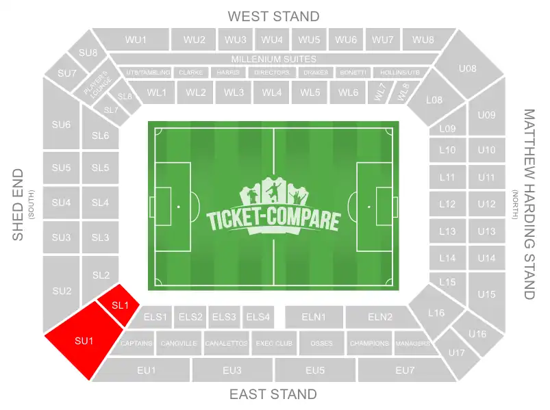 Stamford Bridge seating plan con settore ospiti evidenziato