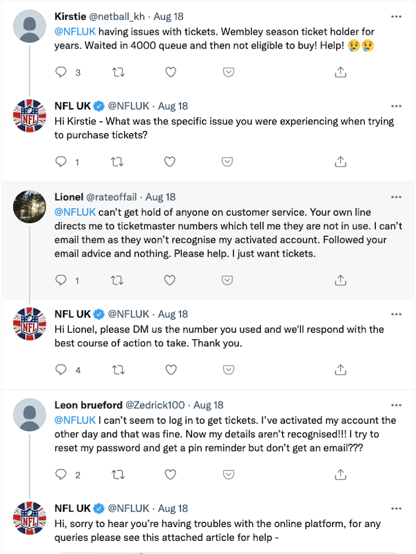 fan si lamentano su Twitter per difficoltà con i biglietti NFL London Games 2021