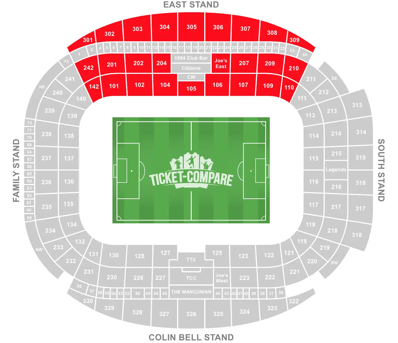 Etihad Stadium Seating Plan East Stand evidenziato