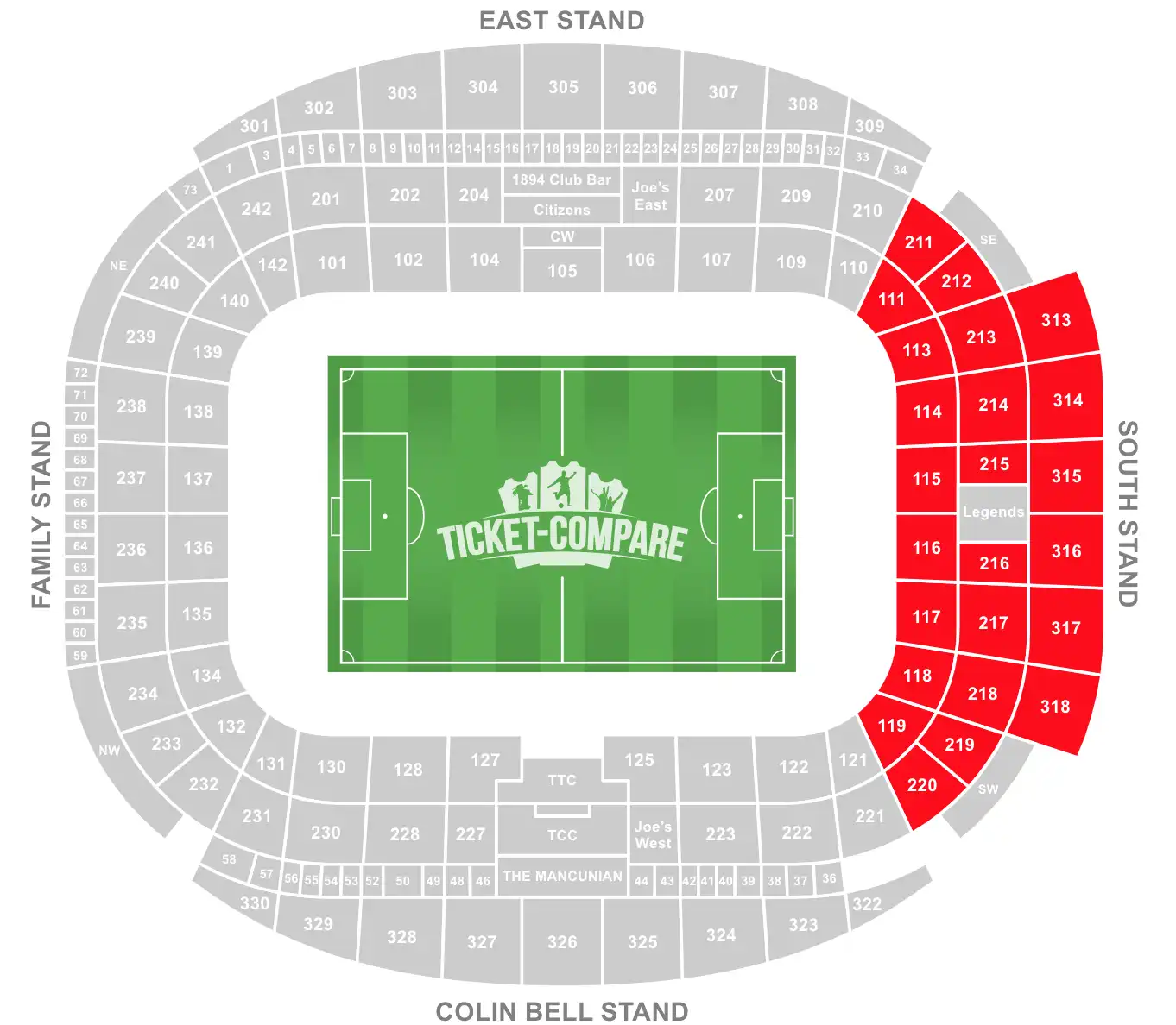 Etihad Stadium Seating Plan South Stand evidenziato
