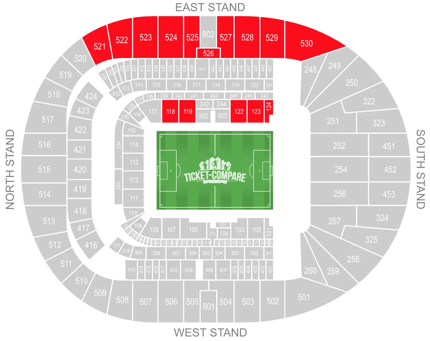 Tottenham Hotspur Stadium Seating Plan con evidenziata la East Stand
