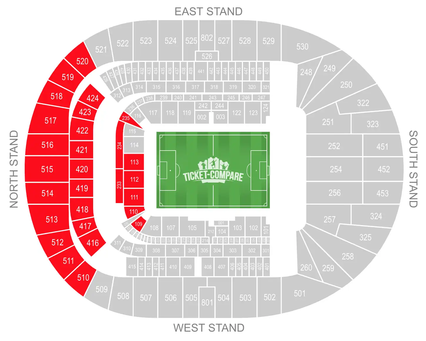 Tottenham Hotspur Stadium Seating Plan con evidenziata la North Stand