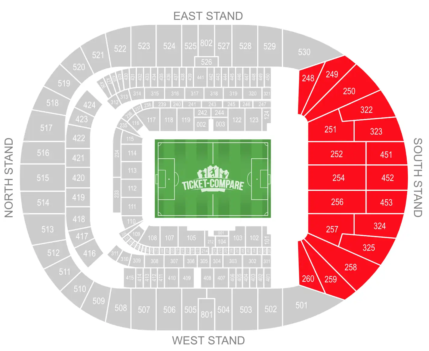 Tottenham Hotspur Stadium Seating Plan con evidenziata la South Stand
