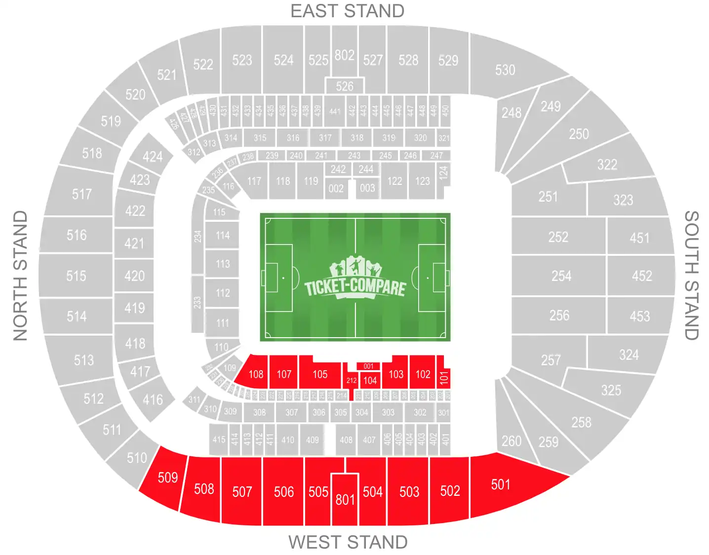 Tottenham Hotspur Stadium Seating Plan con evidenziata la West Stand