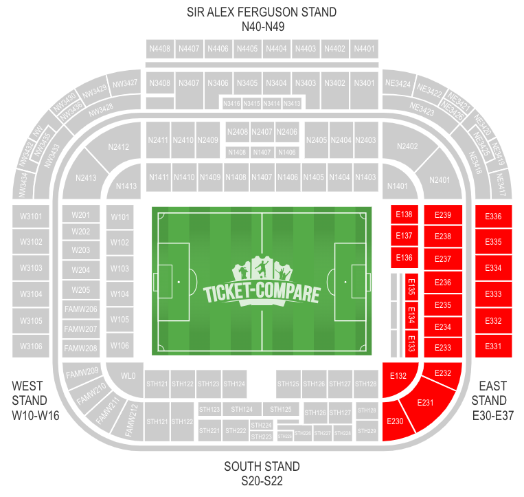 Piantina posti Old Trafford con East Stand evidenziata