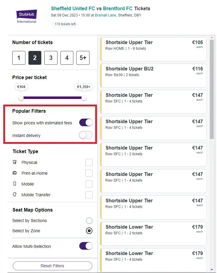 screenshot di Stubhub filtri