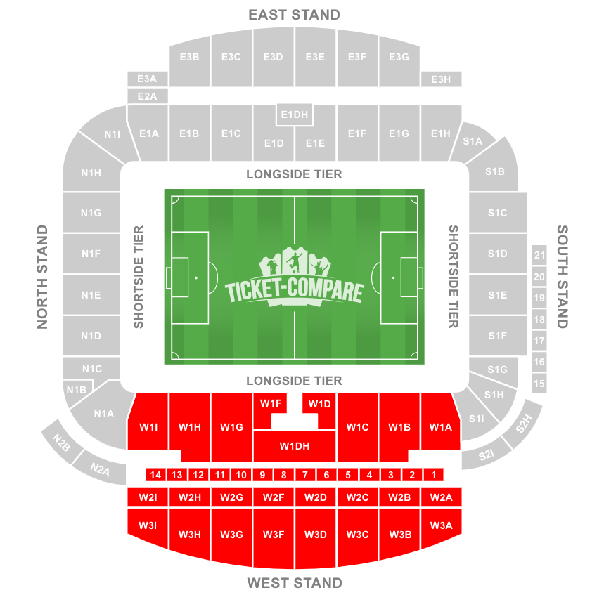 American Express Stadium Seating plan with West Stand highlighted