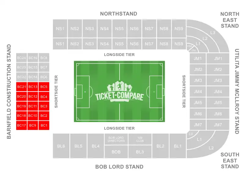 Turf Moor Stadium Seating Plan con evidenziato il settore ospiti