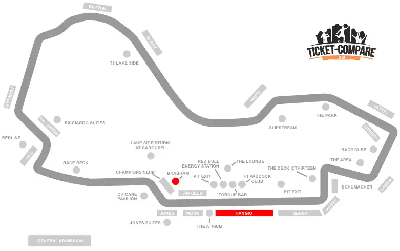 Screenshot mappa Albert Park Circuit con evidenziate tribune Brabham e Fangio