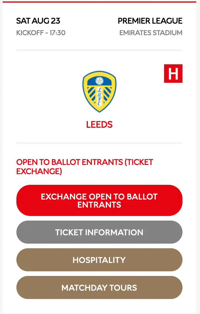 Screenshot di un match Premier League Arsenal vs Leeds all’Emirates Stadium