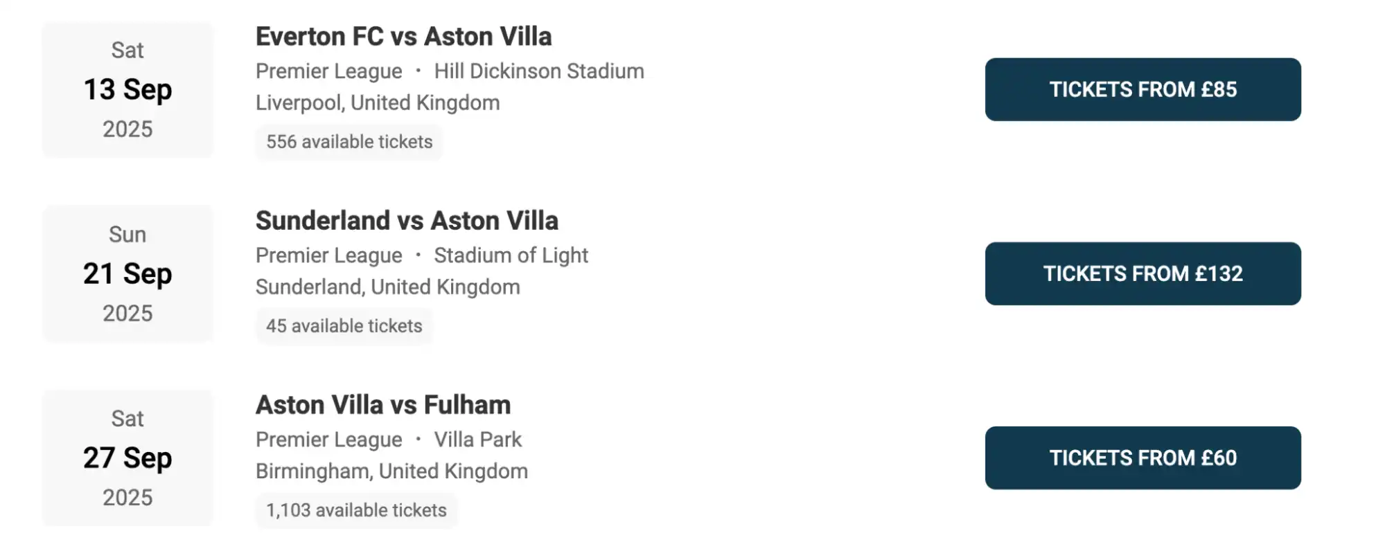 Calendario partite Aston Villa
