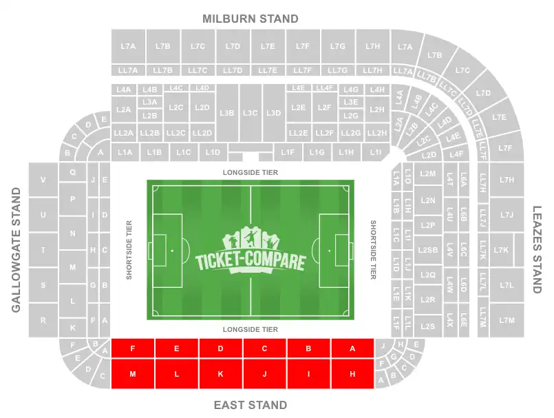 St James' Park Stadium Seating Plan con East Stand evidenziato
