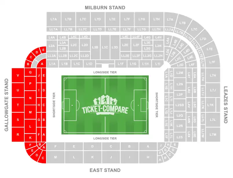 St James' Park Stadium Seating Plan con Gallowgate Stand evidenziato