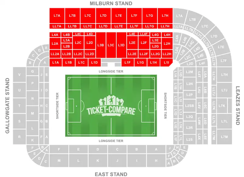 St James' Park Stadium Seating Plan con Milburn Stand evidenziato
