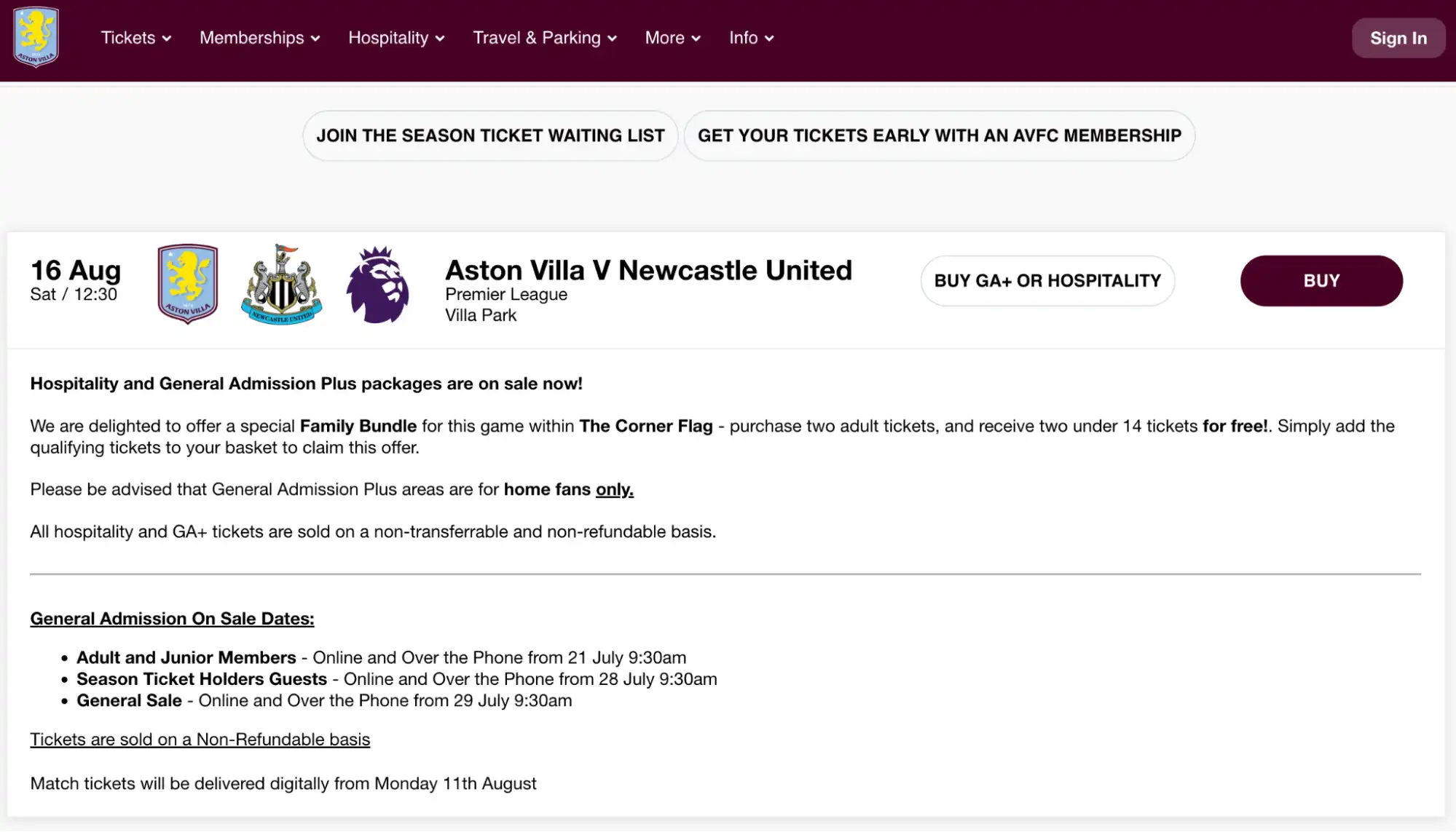 screenshot sito Aston Villa