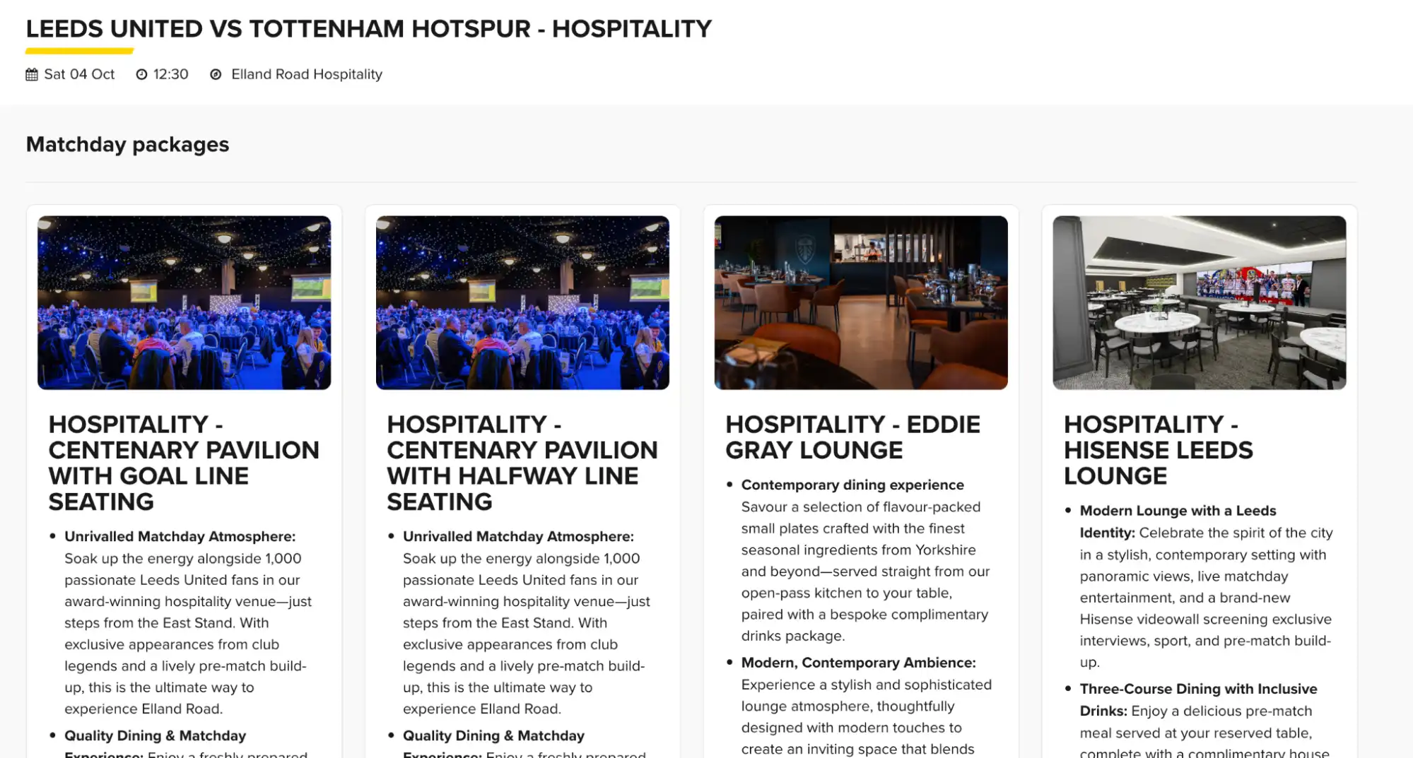 screenshot menu pacchetti hospitality