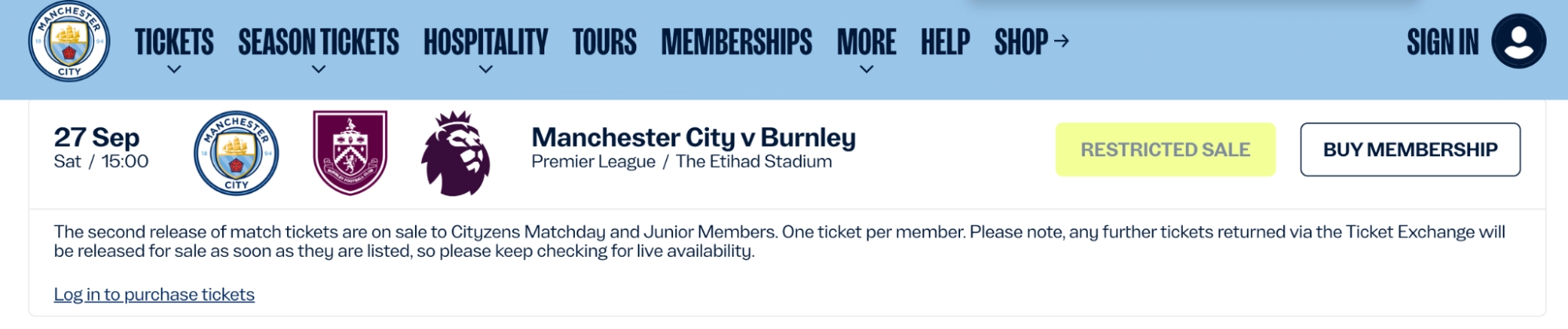 screenshot of Man City fixtures on Man City website