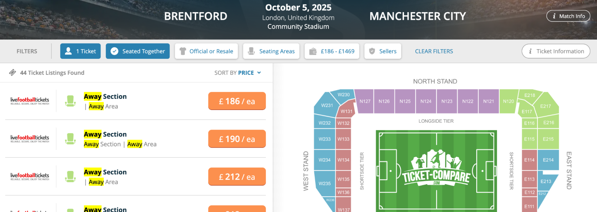 screenshot Manchester City v Brentford Match Away sections highlighted