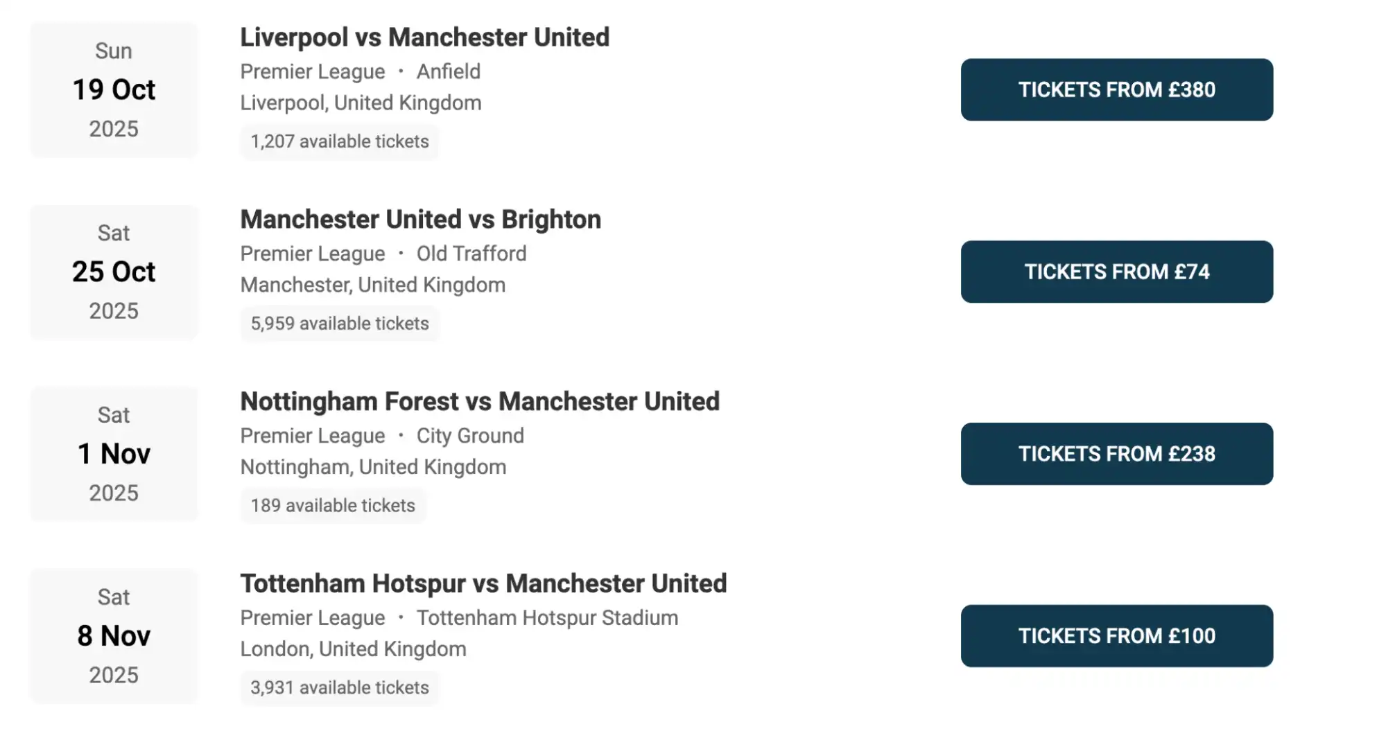 screenshot of Manchester United Fixtures