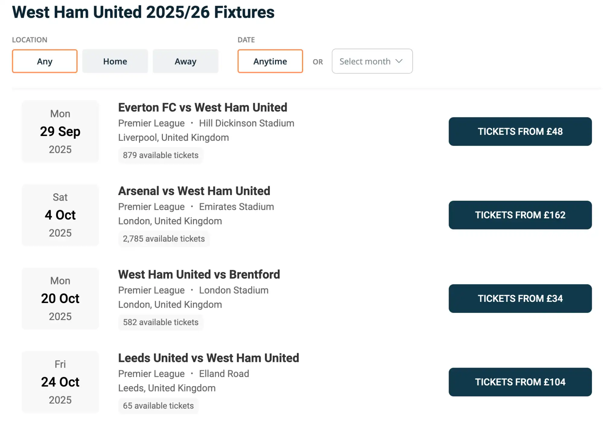 screenshot di calendario West Ham United