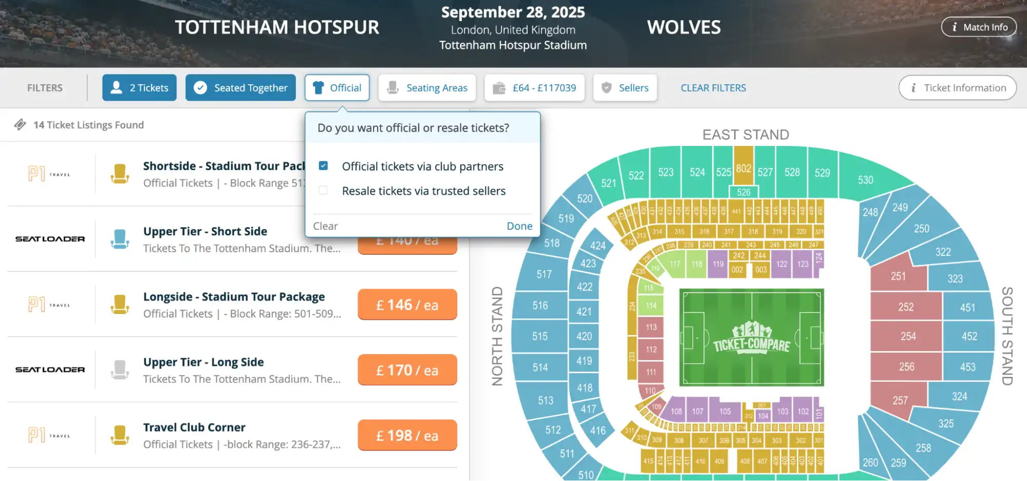 screenshot opzione biglietti 'Official or Resale'