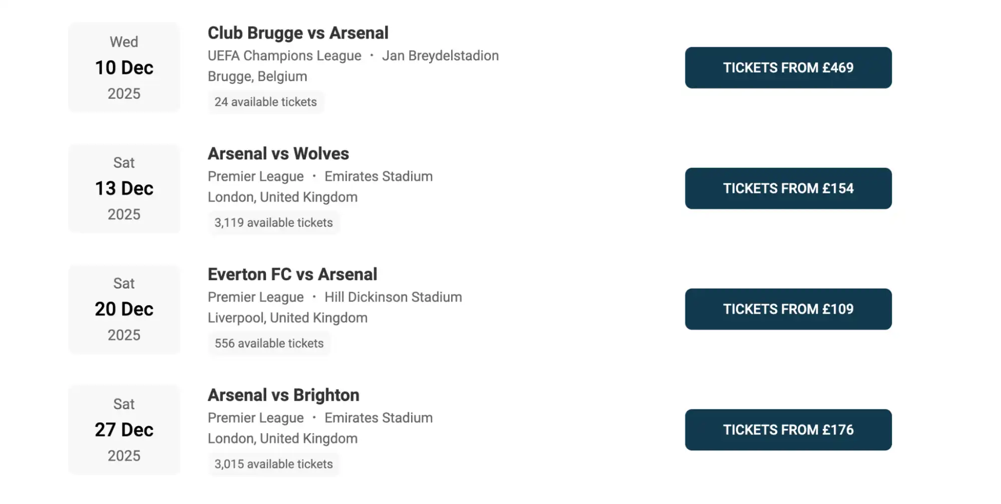 screenshot of Arsenal Fixtures list