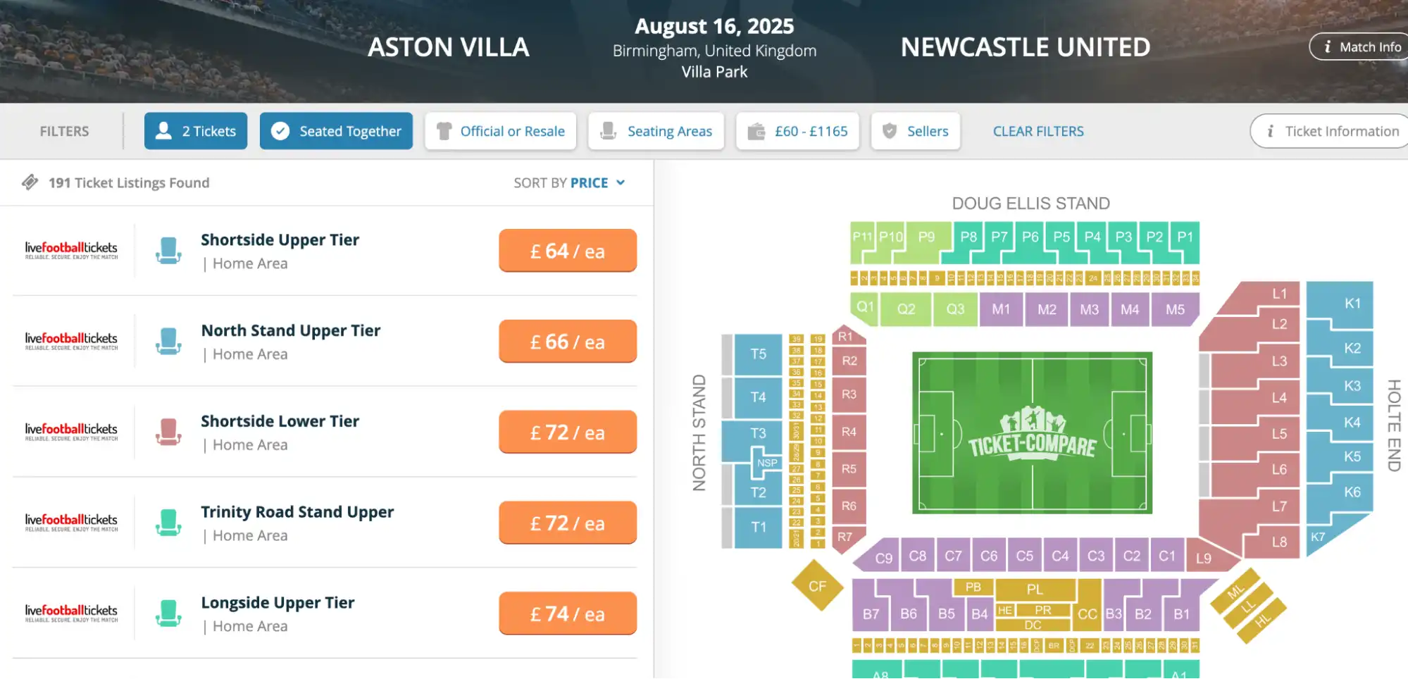 pagina biglietti Aston Villa vs Newcastle United