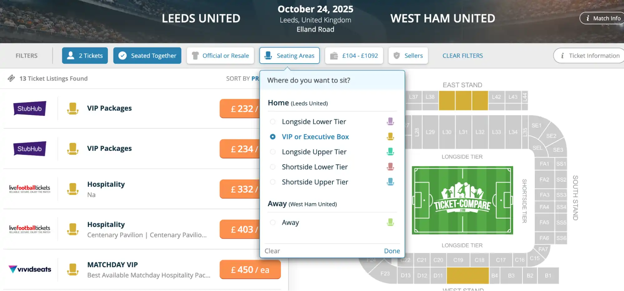 screenshot of Seating Areas menu on Leeds United VS West Ham United tickets page
