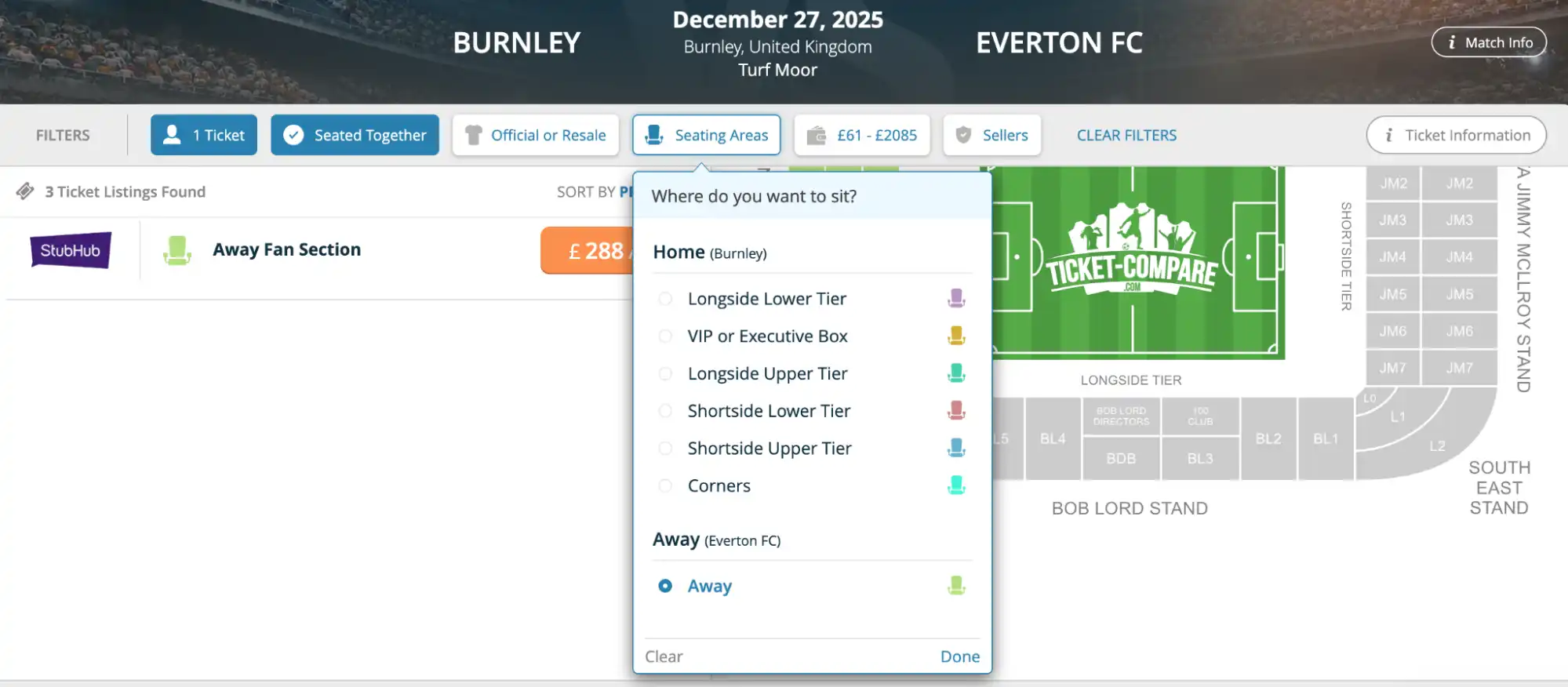 filtro home e away Burnley VS Everton