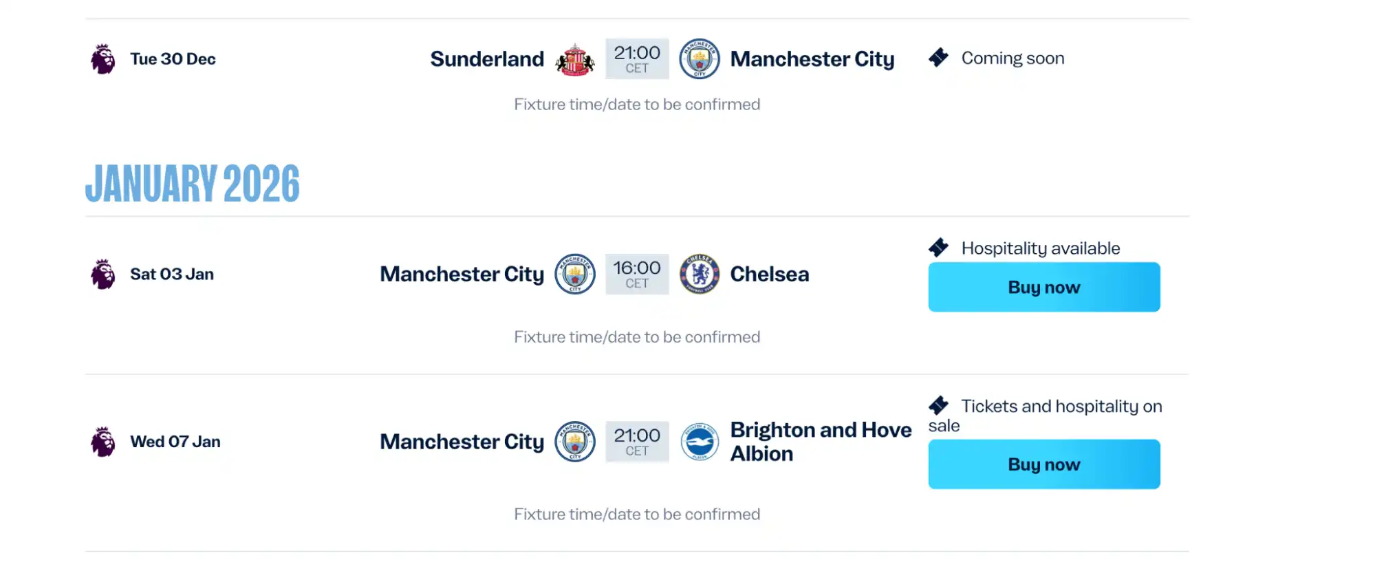 Manchester City Fixtures on Official Website