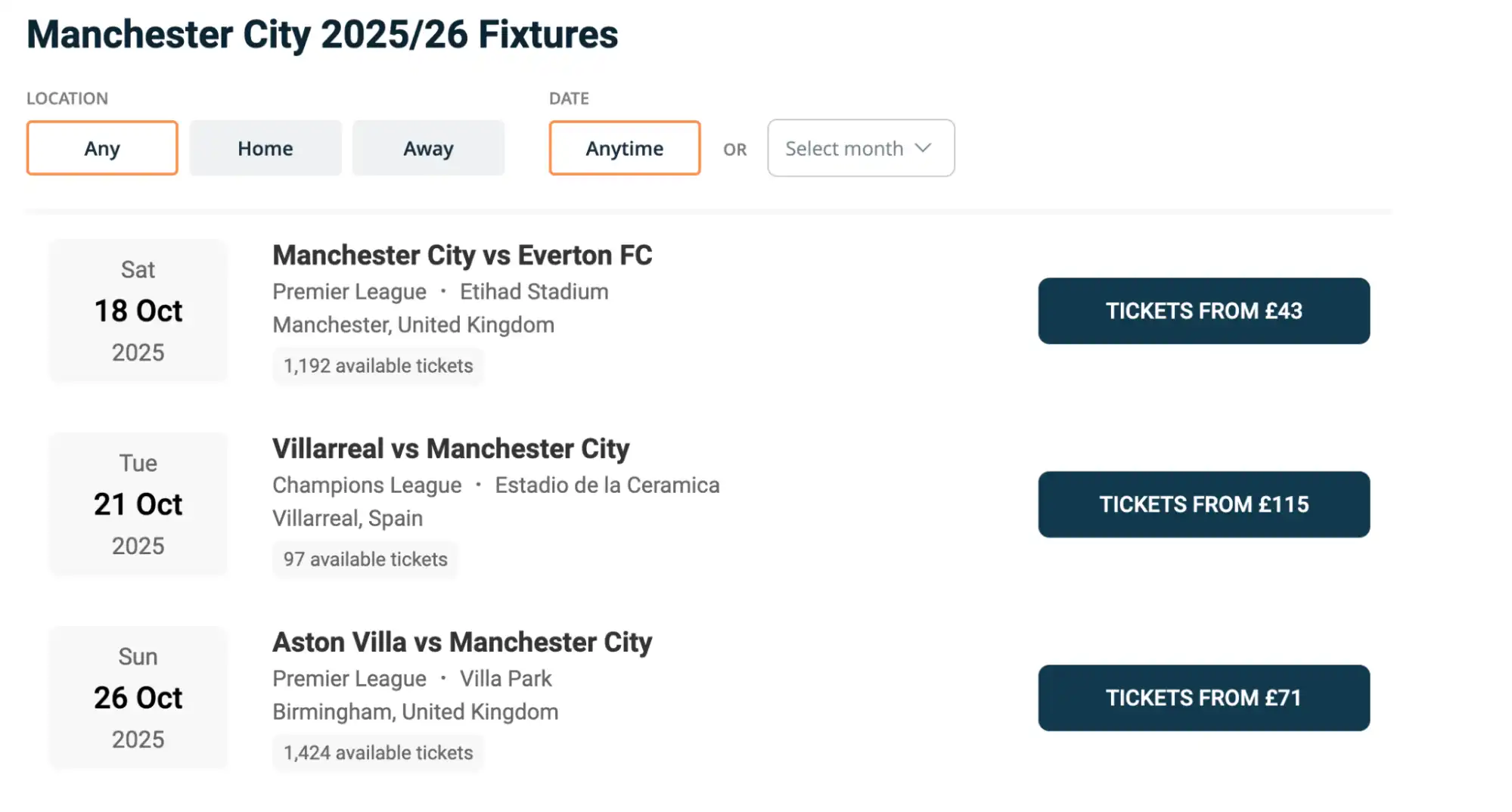 Manchester City Fixtures on aggregator