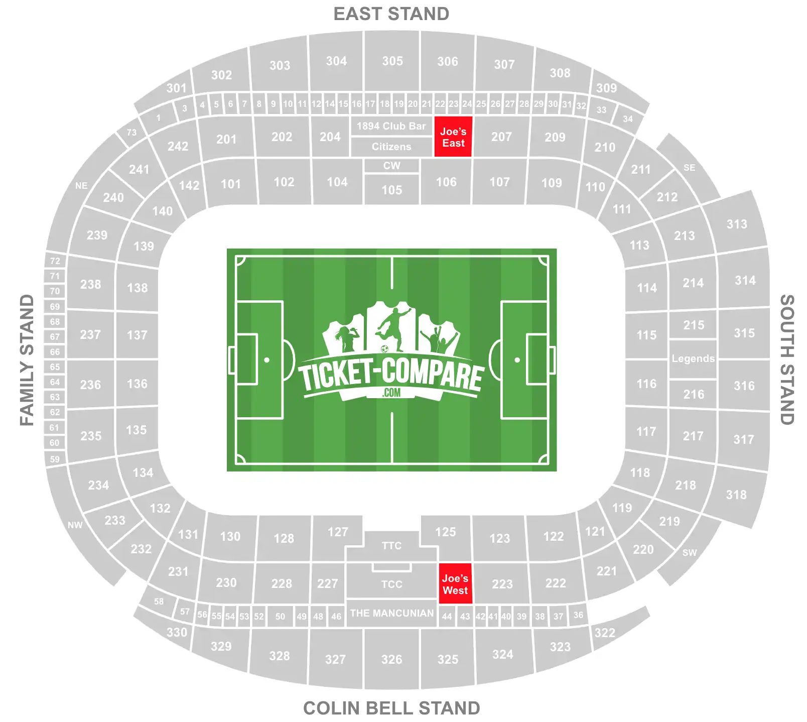 ScreenShot of Etihad Stadium seating plan with the Joe's West and East stands highlighted