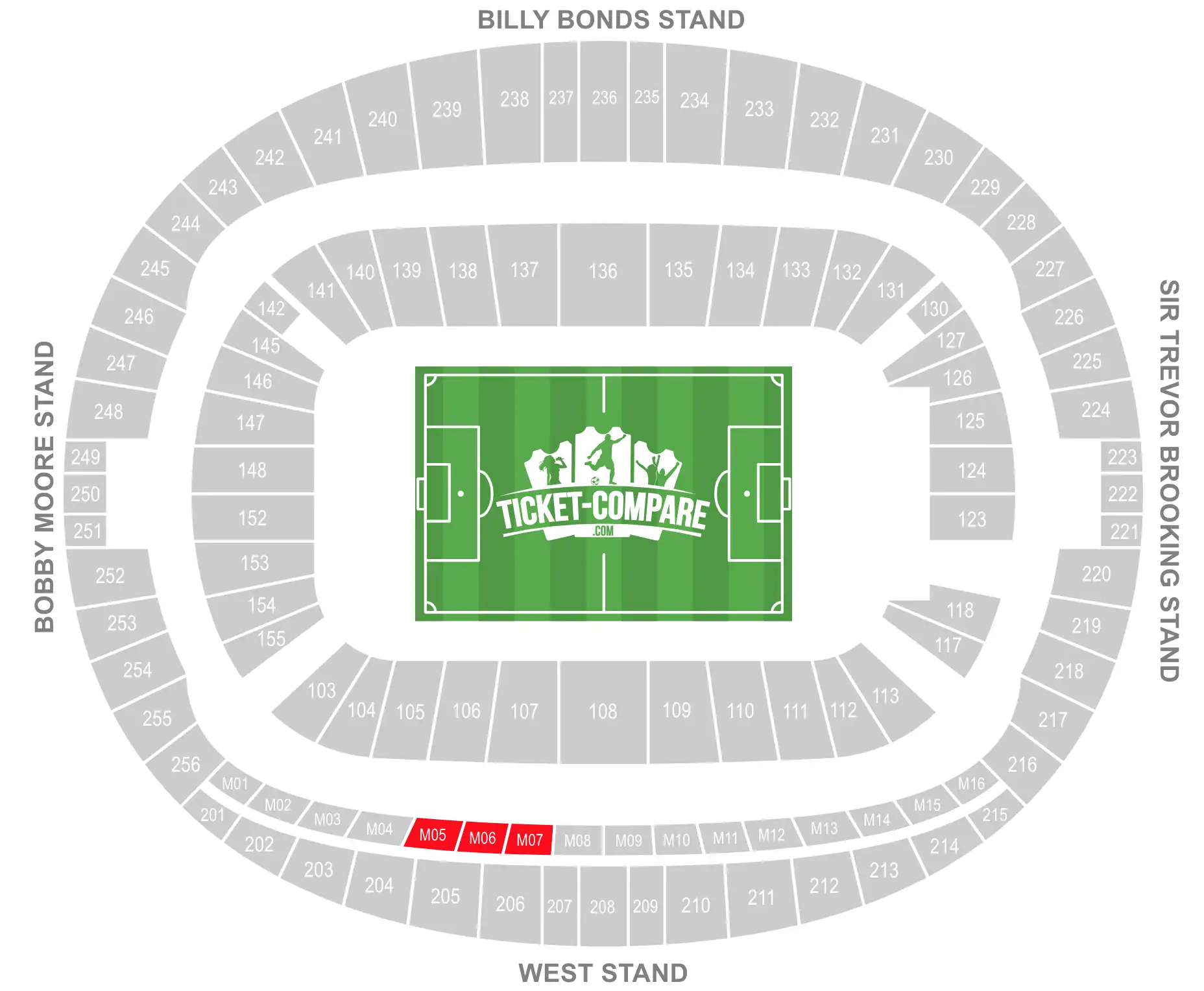Planimetria stadio Londra, evidenziate sezioni M05, M06 e M07