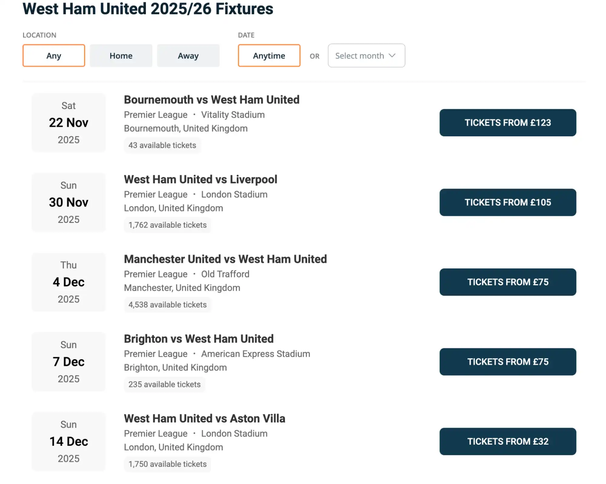 screenshot partite West Ham su Ticket-Compare.com