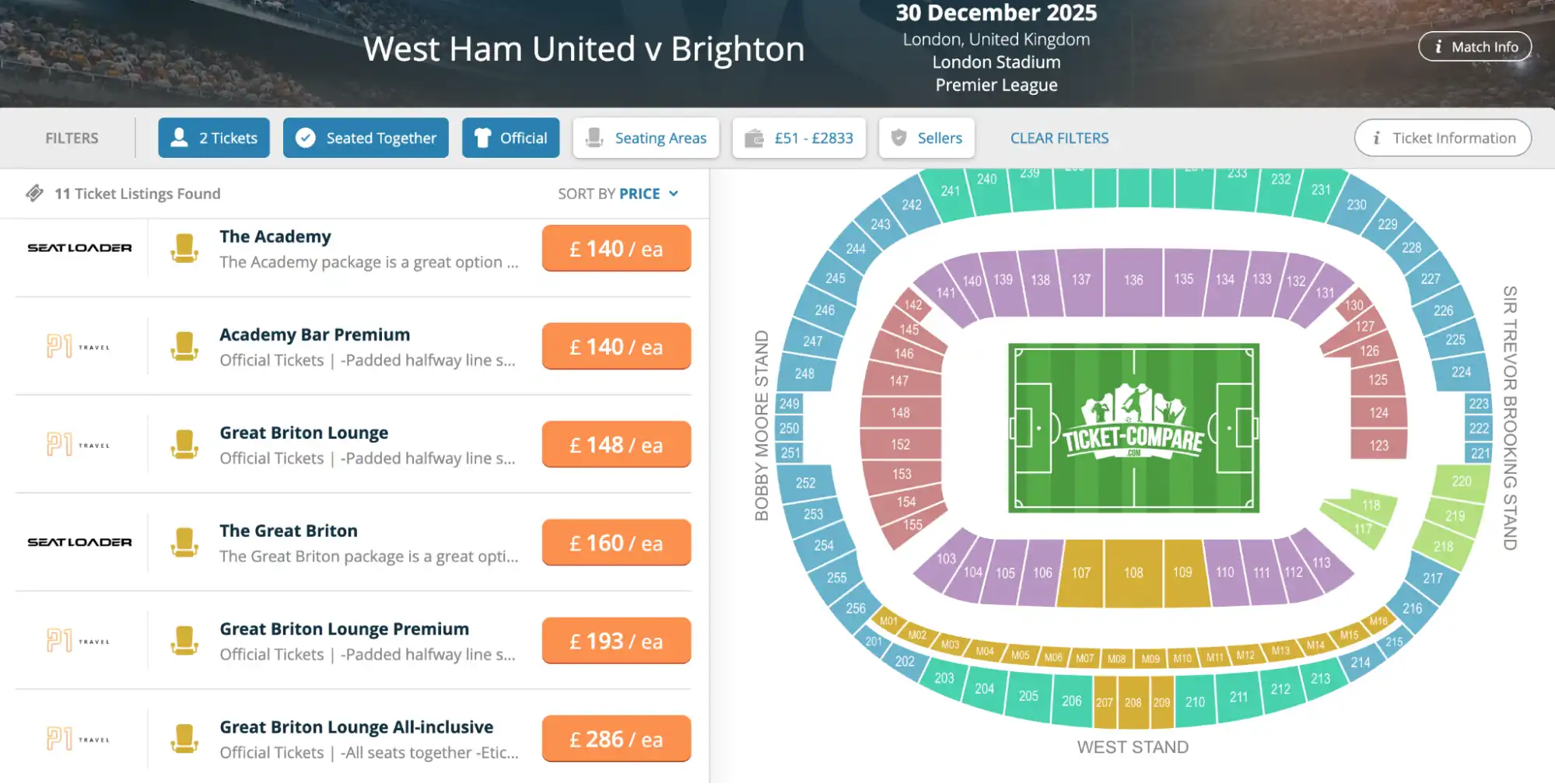 Screenshot biglietti West Ham v Brighton
