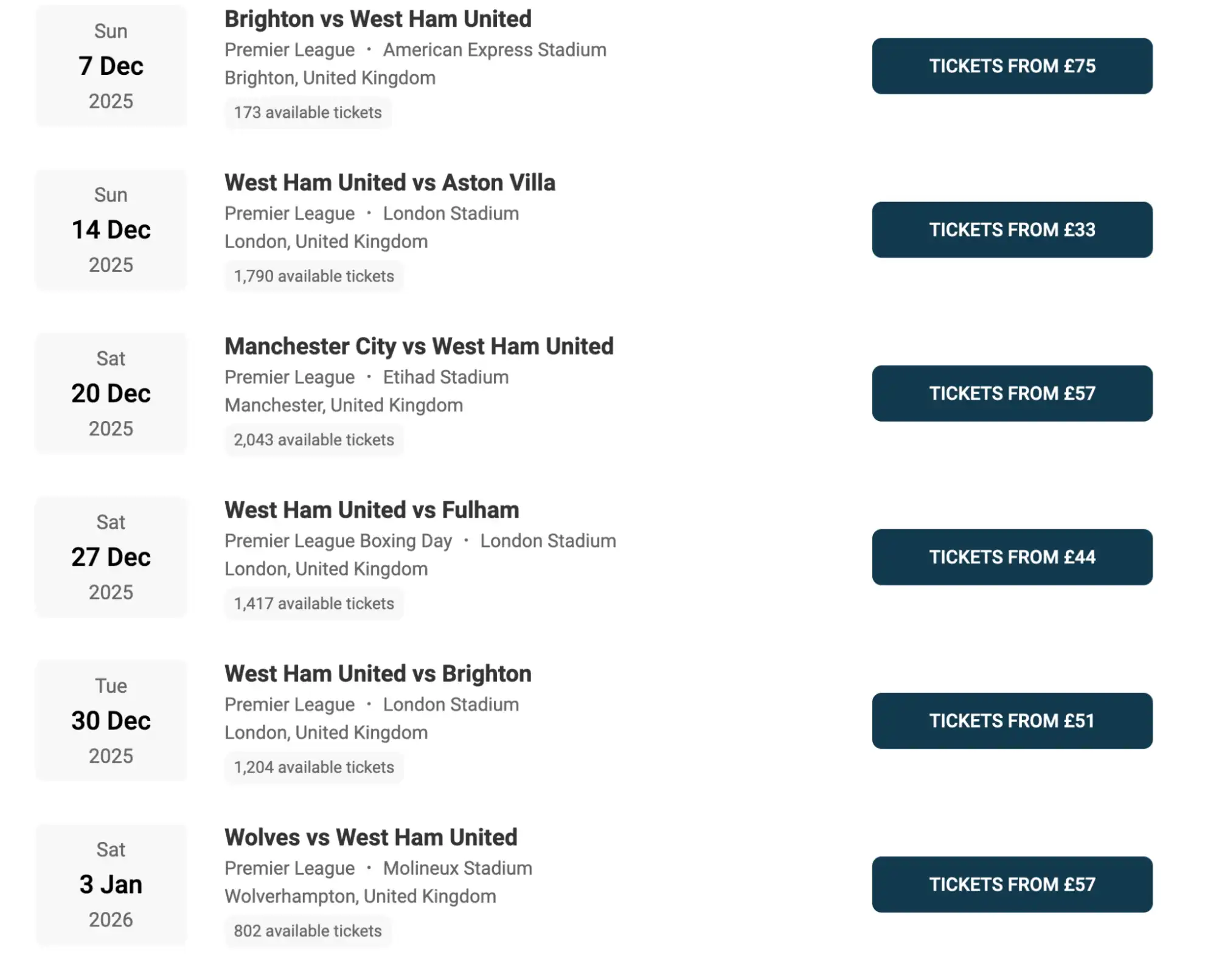 screenshot delle partite West Ham United