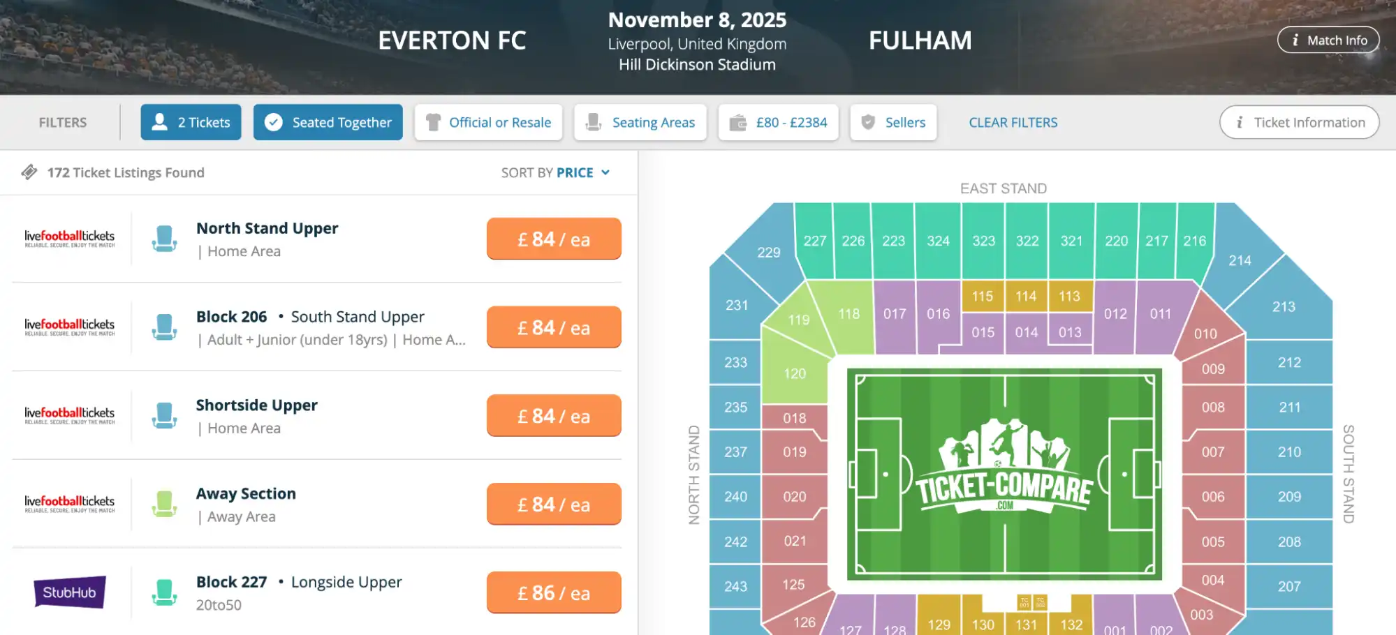screenshot Everton vs Fulham tickets