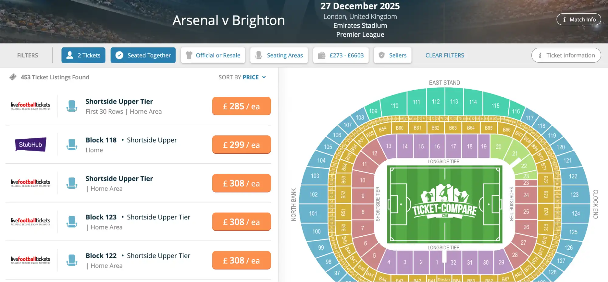 screenshot of Arsenal v Brighton match tickets