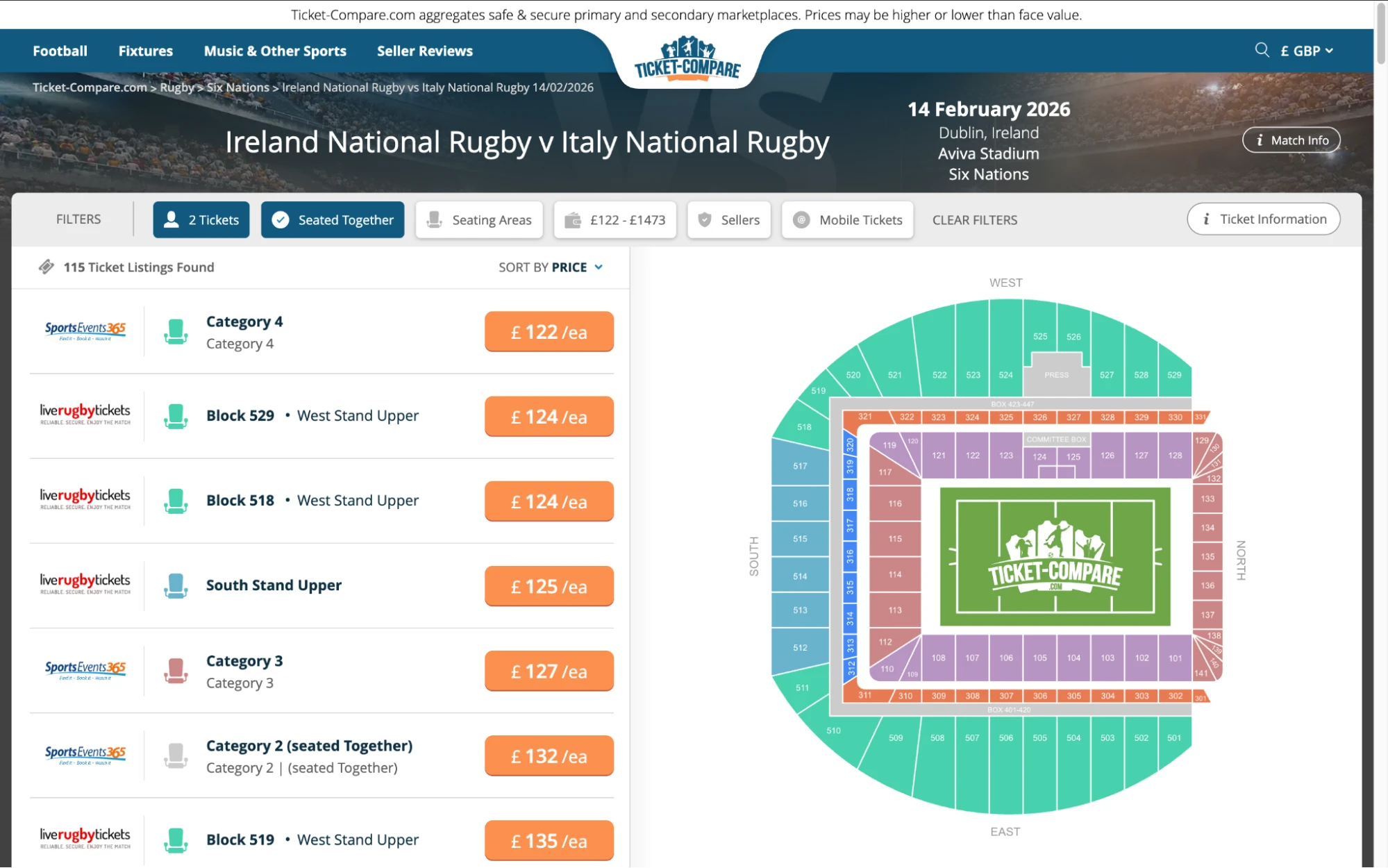 Screenshot of Ireland National Rugby v Italy National Rugby tickets