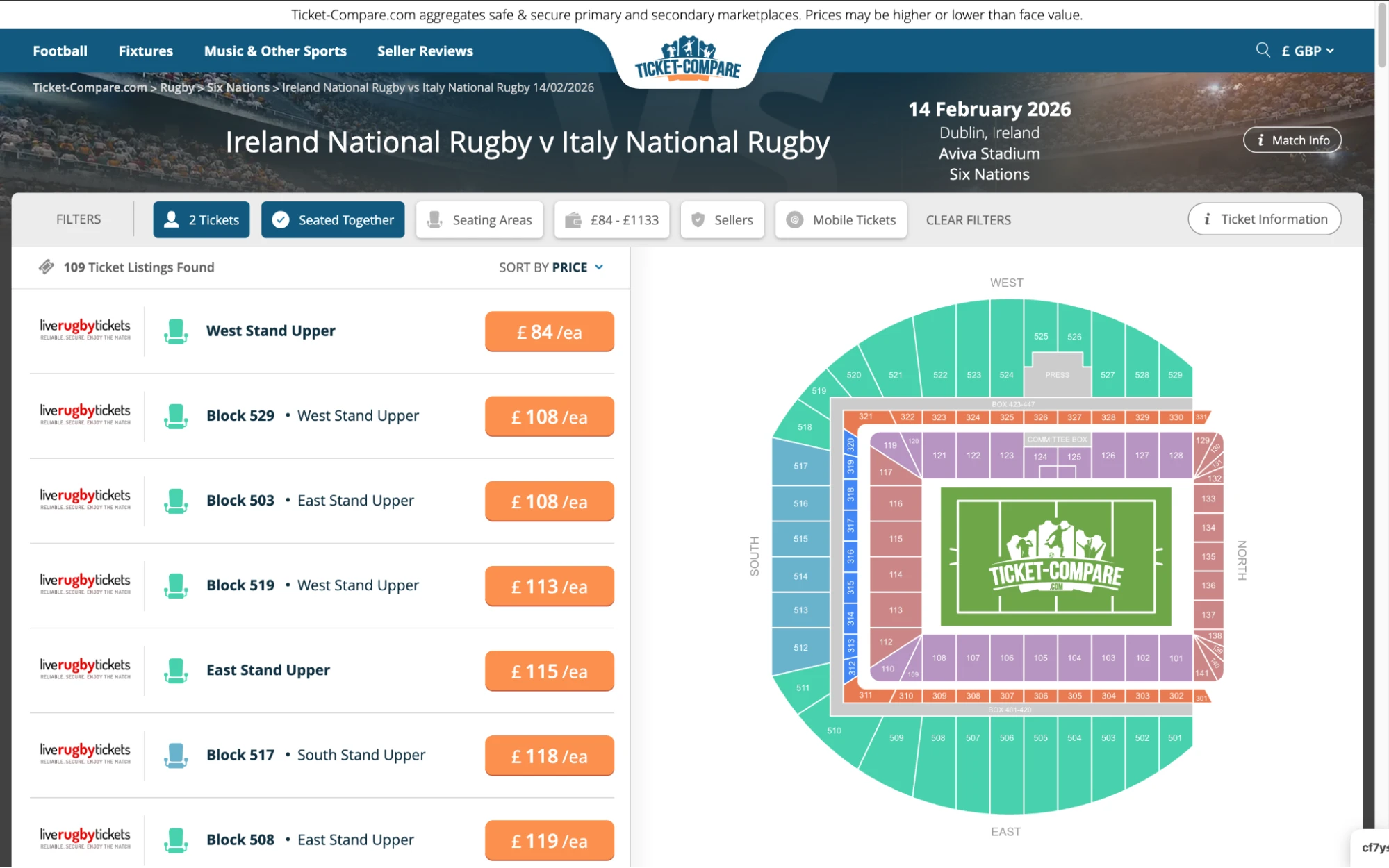 Screenshot della pagina biglietti Irlanda National Rugby v Italia National Rugby