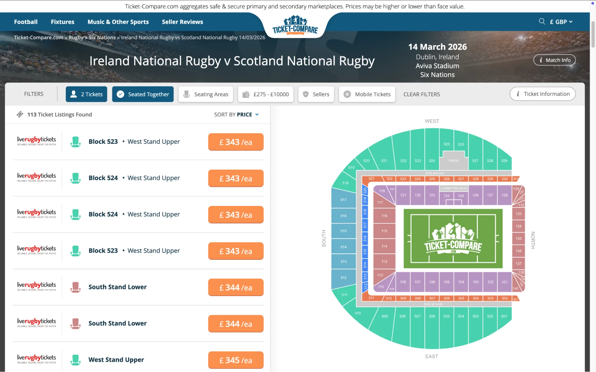 Screenshot of Ireland National Rugby v Scotland National Rugby tickets page