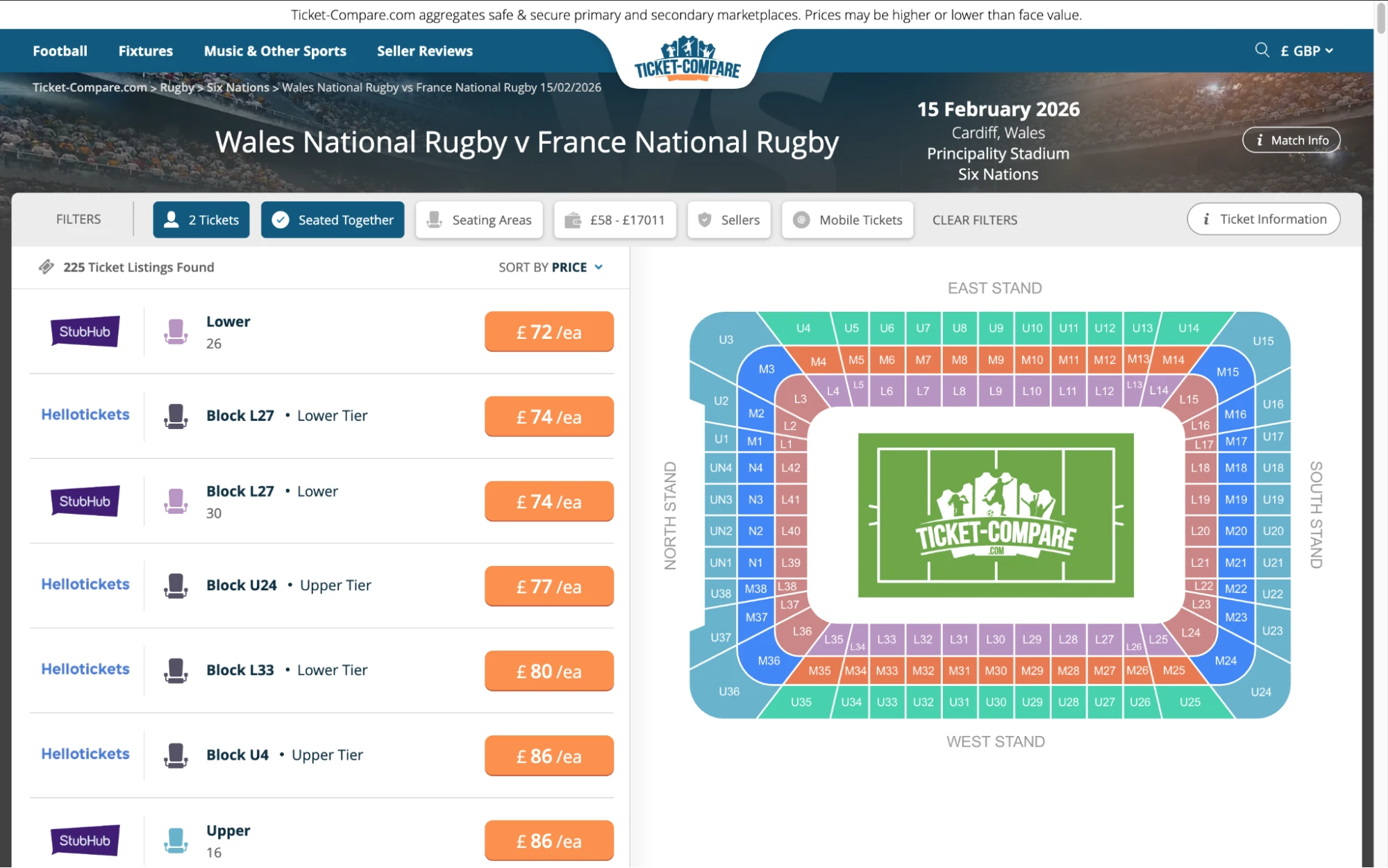 Screenshot della pagina biglietti Galles vs Francia su Ticket-Compare