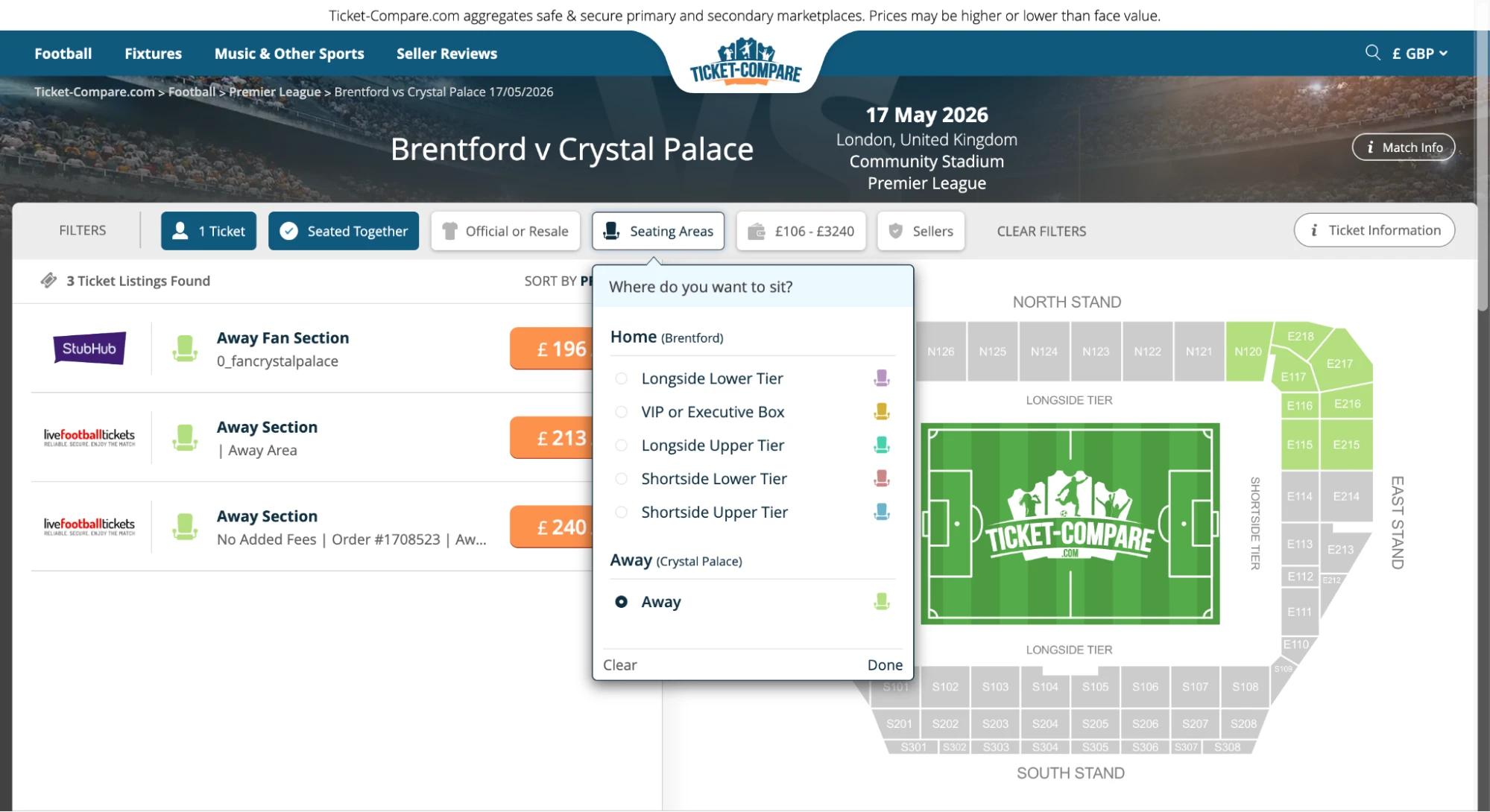 Screenshot di aree settore su Brentford v Crystal Palace