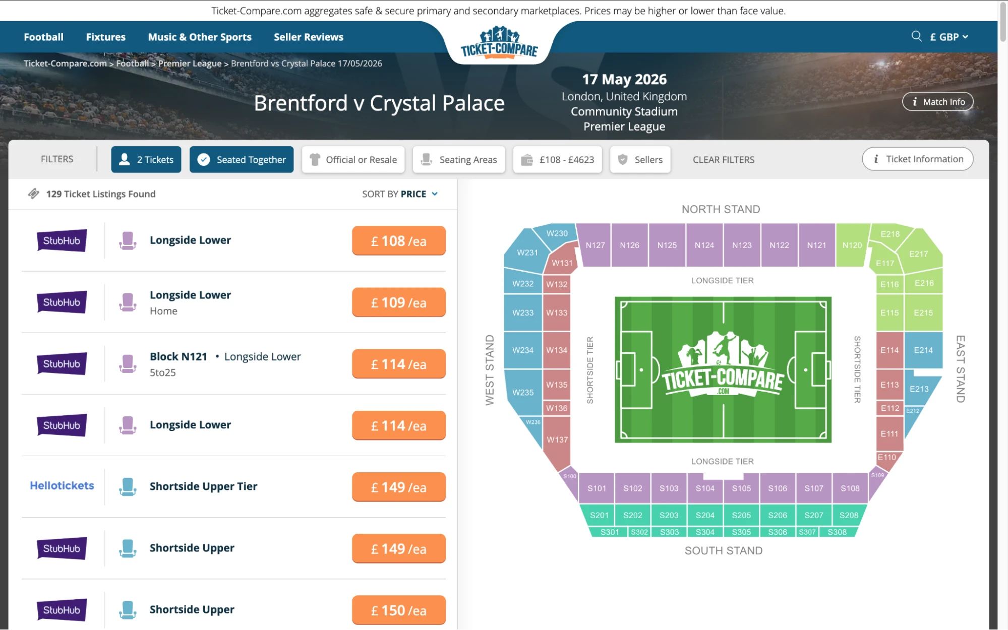 Screenshot of Brentford v Crystal Palace tickets page