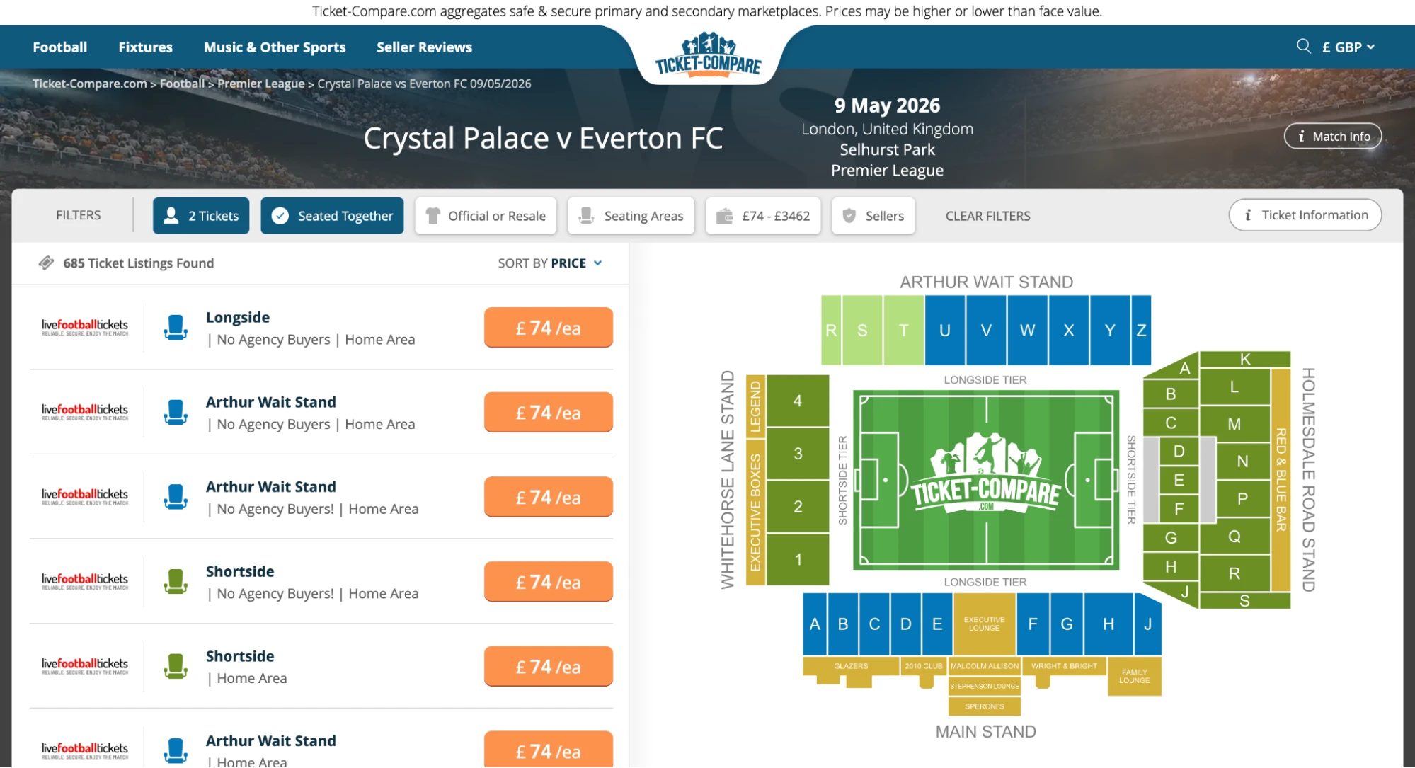 Schermata Crystal Palace v Everton biglietti