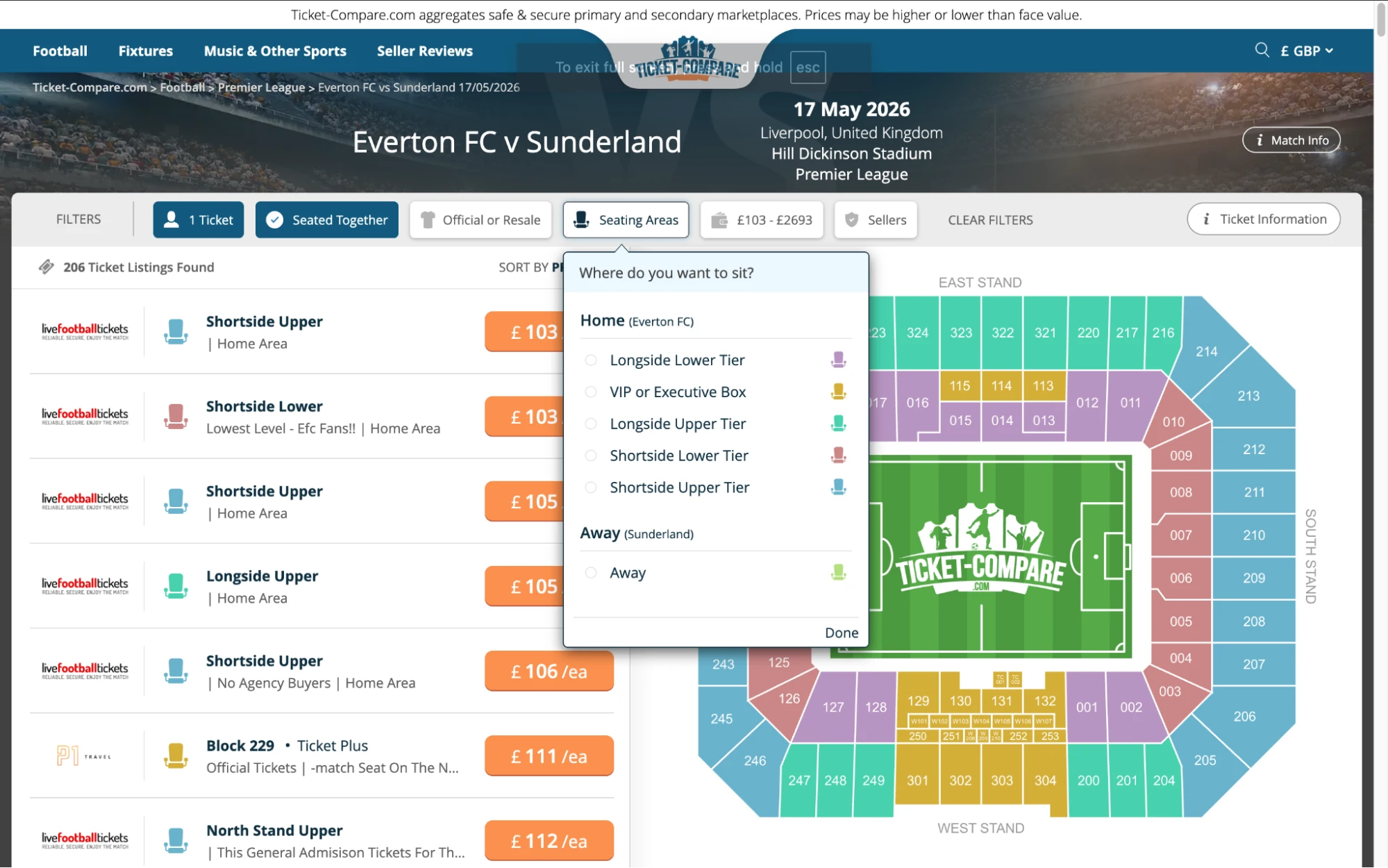 Screenshot Everton v Sunderland biglietti su Ticket-Compare.com