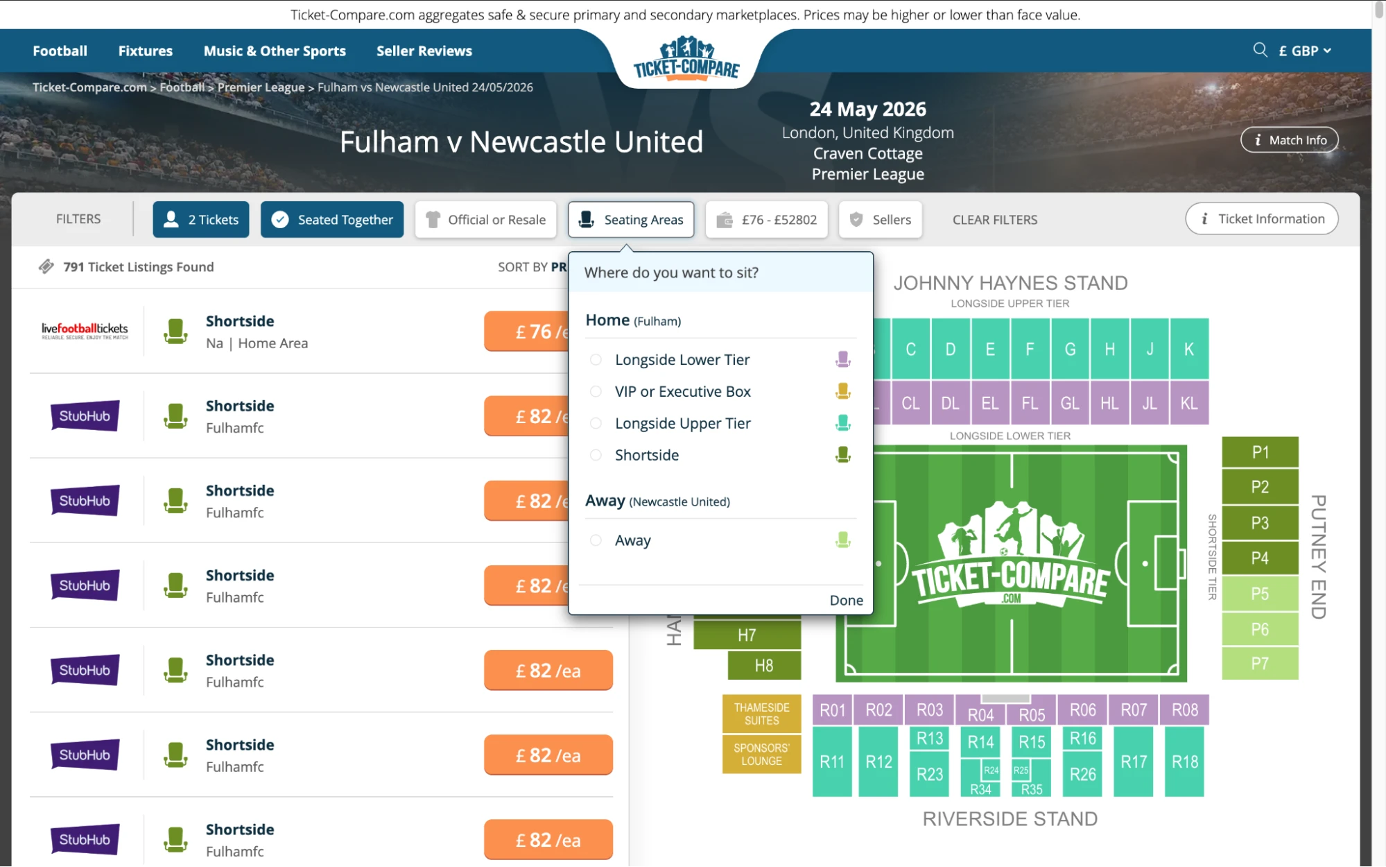 Screenshot of Fulham v Newcastle United tickets page