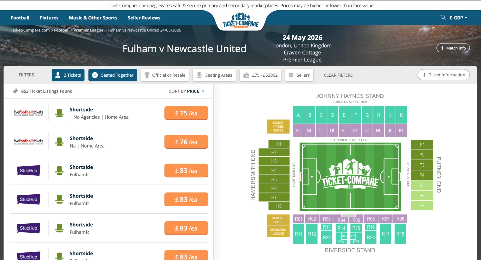 Screenshot of Fulham v Newcastle United tickets page on Ticket-Compare.com