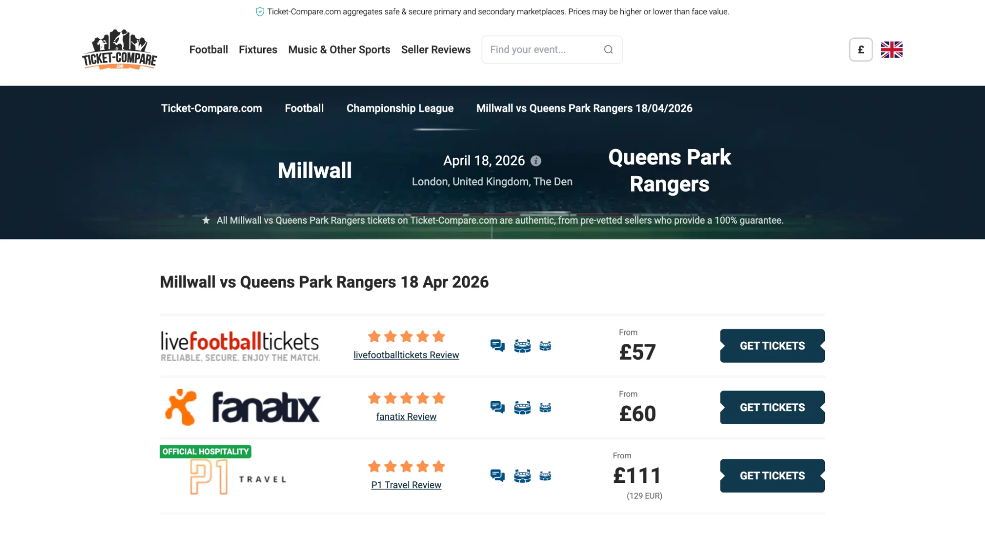 Screenshot of Millwall v Queens Park Rangers tickets page