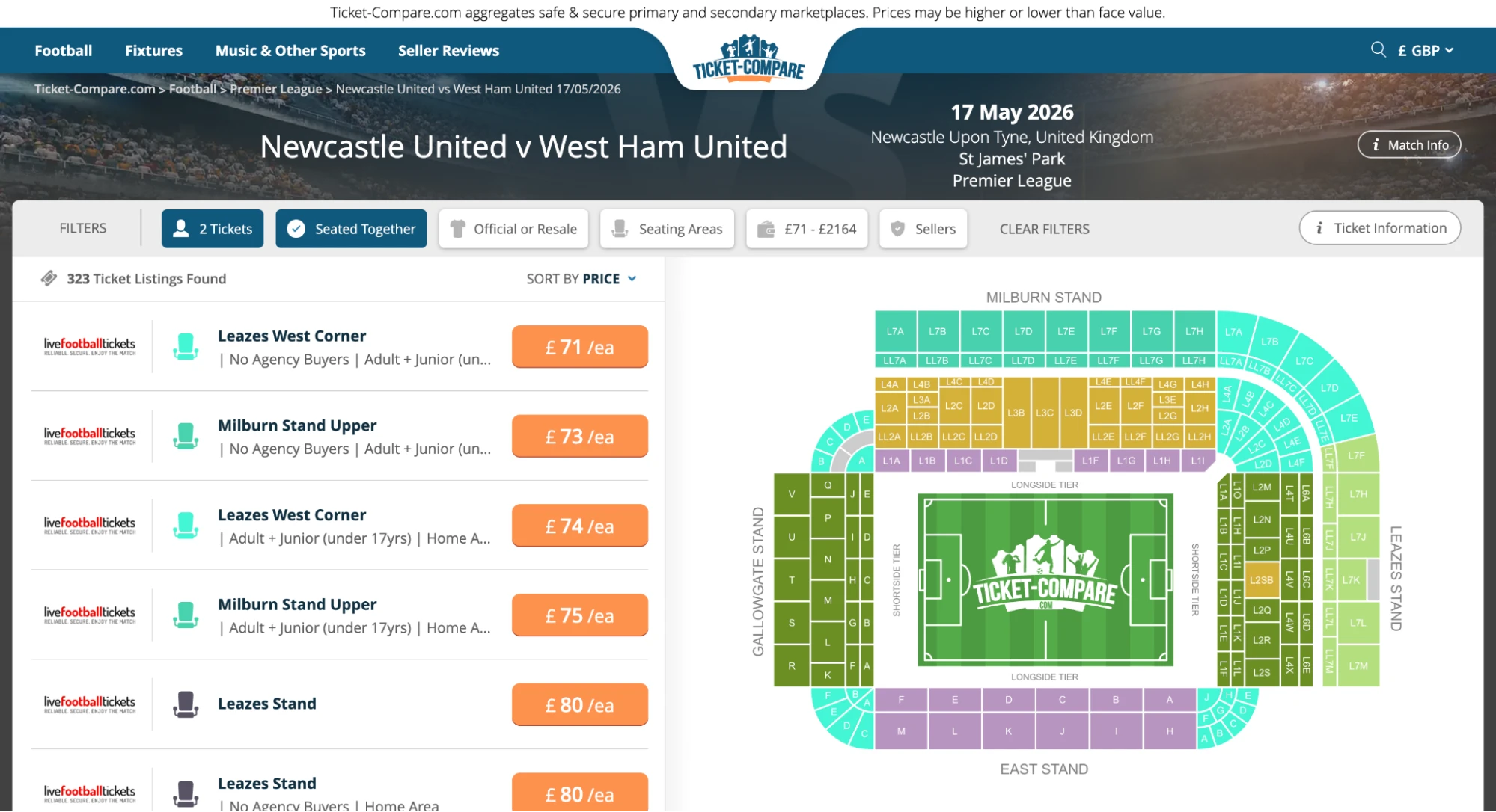 Screenshot of Newcastle United v West Ham United tickets page